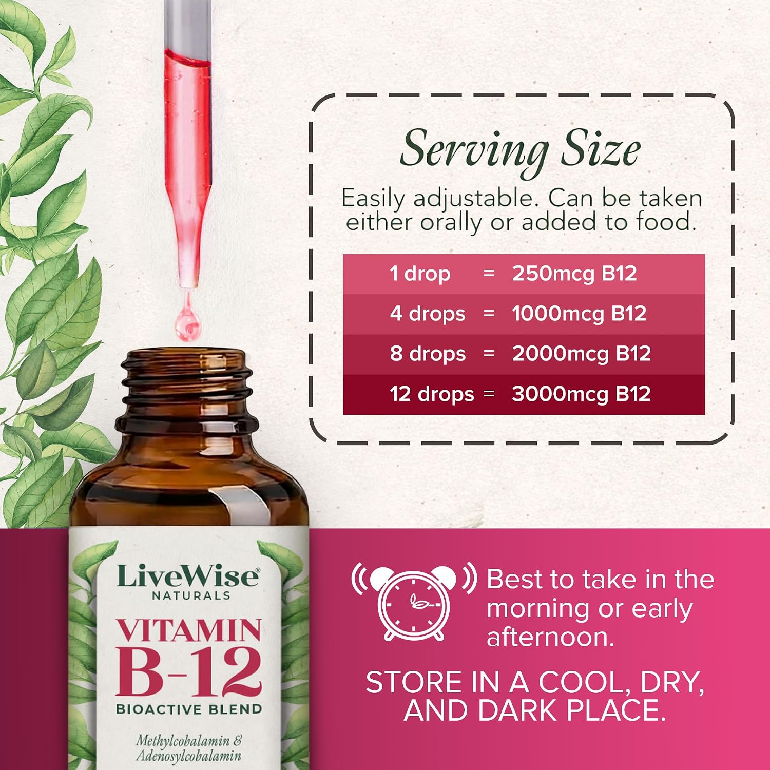 Organic Vitamin B12 1000 mcg Sublingual Liquid Drops, Unflavoured, 60 ml, Vegan, Non-GMO – Live Wise Naturals - görsel 3