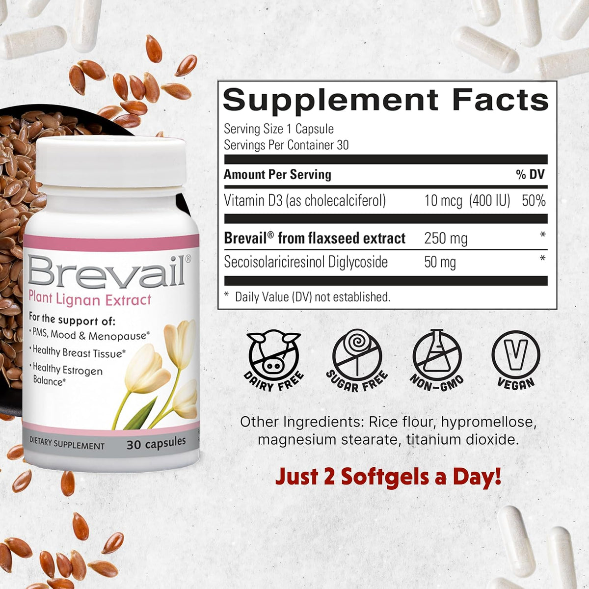Barlean's Brevail Plant Lignan Extract - Women's Breast Health Supplement, 30 Vegan Capsules - görsel 2