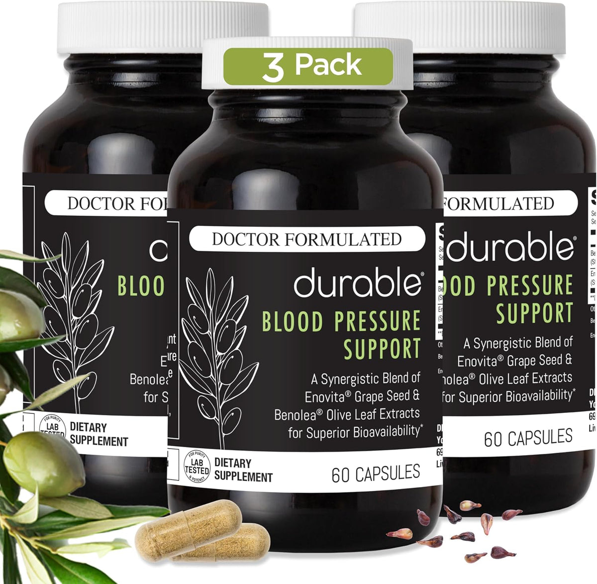 Durable Blood Pressure – Benolea Olive Leaf & Enovita Grape Seed Extract – Normal Circulation, Nitric Oxide & Artery Support – Doctor-Formulated, Vegan, Non-GMO, Made in USA (180 Capsules) - görsel 1