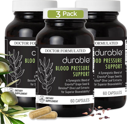 Durable Blood Pressure – Benolea Olive Leaf & Enovita Grape Seed Extract – Normal Circulation, Nitric Oxide & Artery Support – Doctor-Formulated, Vegan, Non-GMO, Made in USA (180 Capsules)