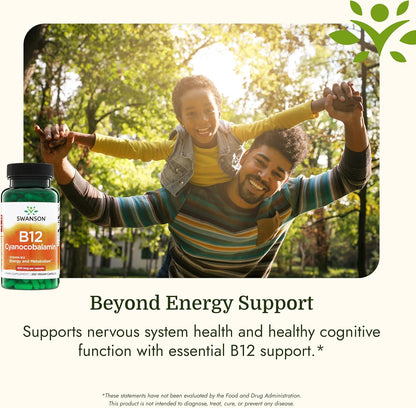 Swanson Vitamin B12 Cyanocobalamin 500 mcg – Energy and Nervous System Support Supplement for Adults – 250 Vegan Capsules