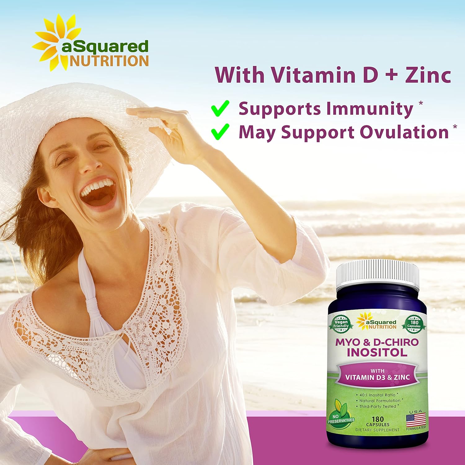 aSquared Nutrition Myo-Inositol & D-Chiro Inositol Supplement - 40:1 Ratio with Vitamin D3 and Zinc - 180 Capsules - görsel 2