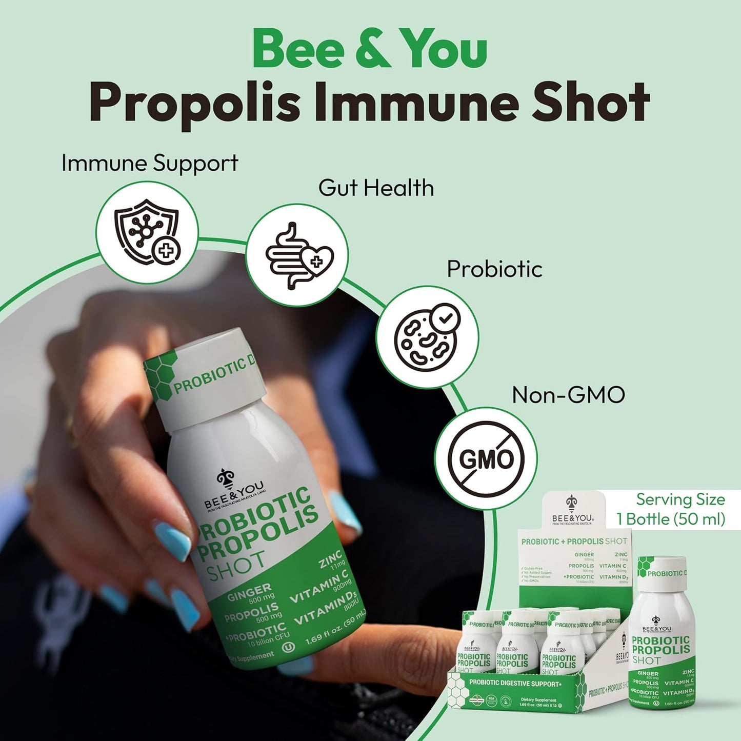 Bee and You Propolis Immunity Shot - Probiotic with Vitamin C, D3, Zinc, Ginger - 12 Pack - görsel 2