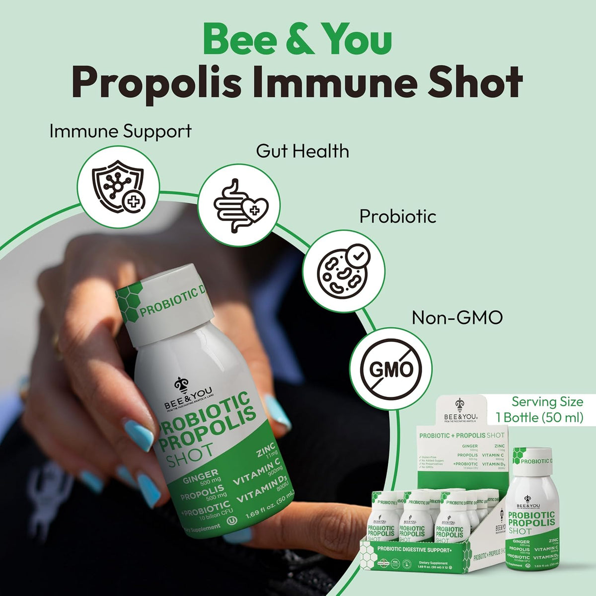 Bee and You Propolis Immunity Shot - Probiotic with Vitamin C, D3, Zinc, Ginger - 12 Pack - görsel 2