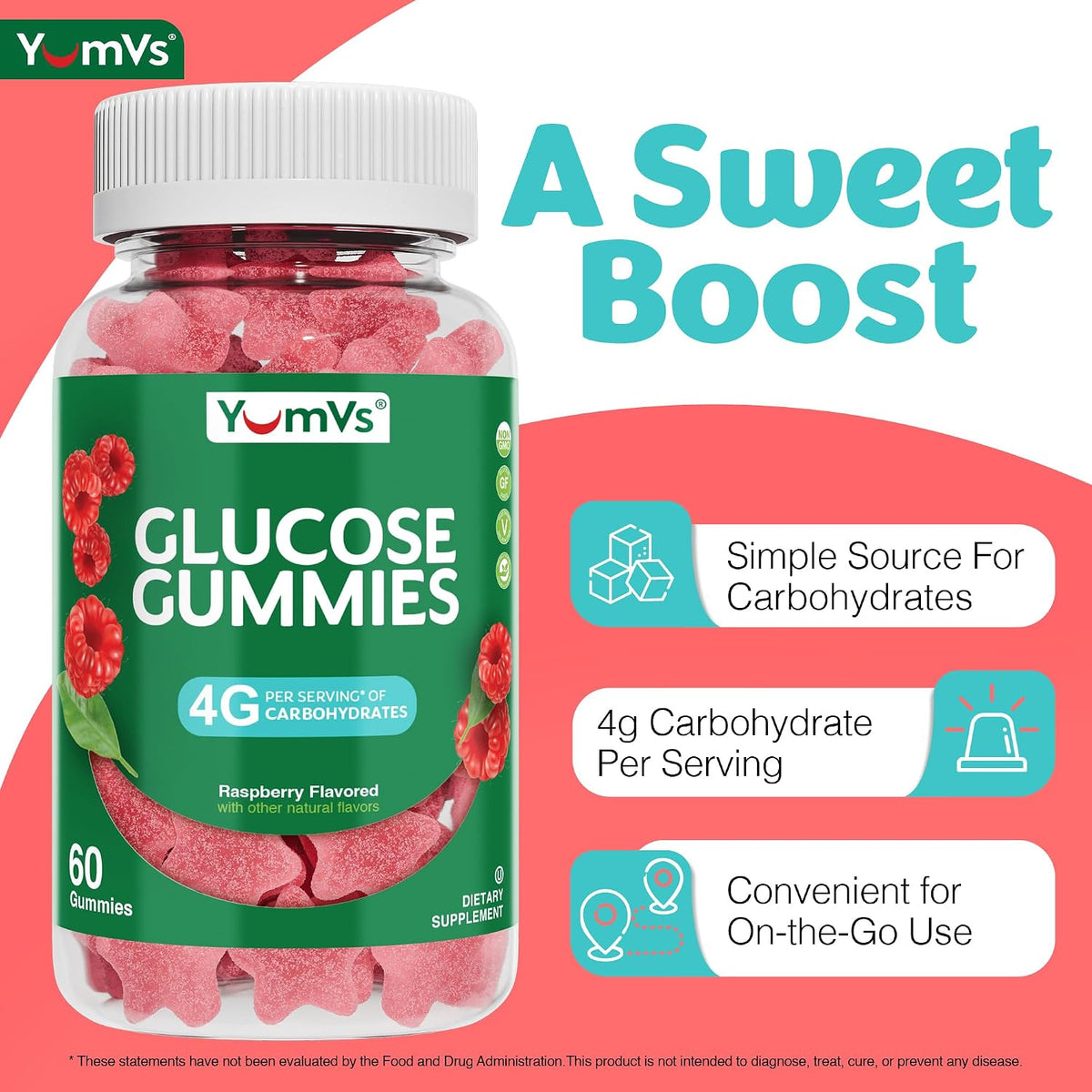 YUM-V'S Glucose Gummies – Fast Acting Chewable Gummies – Natural Berry Flavour – 60 Gummies - görsel 4
