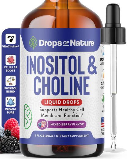 Inositol & Choline Liquid Drops – Vegan, Non-GMO, Easy to Take – Enhanced Absorption Inositol Supplement – Pregnancy Support – Supports Cellular Health & Overall Wellness (Mixed Berry, 60 ml)