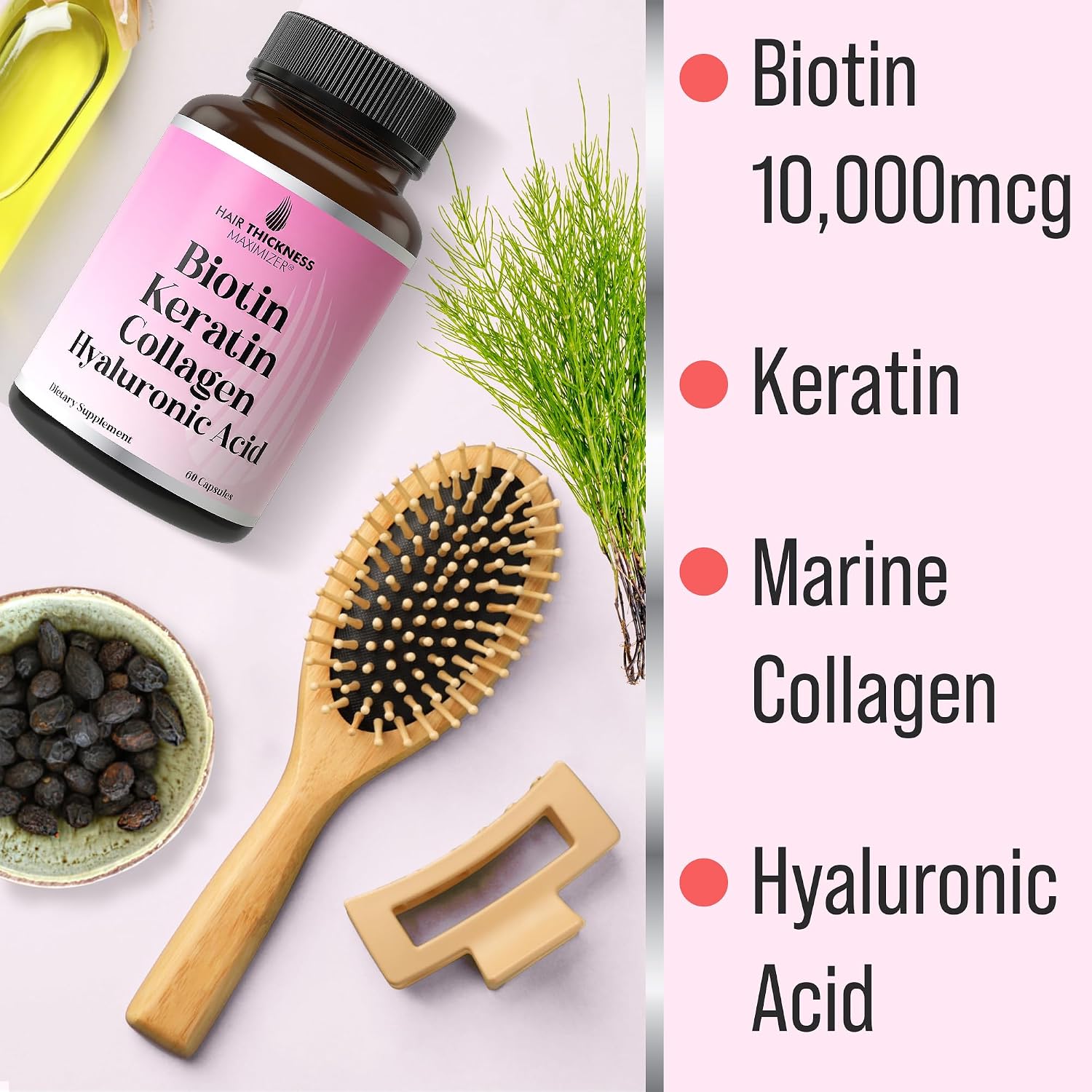 Biotin + Keratin + Marine Collagen + Hyaluronic Acid, 4-in-1 Hair Health Supplements with 10000mcg Biotin Capsules, Thickening Complex for Women and Men with Hair Thinning - görsel 2
