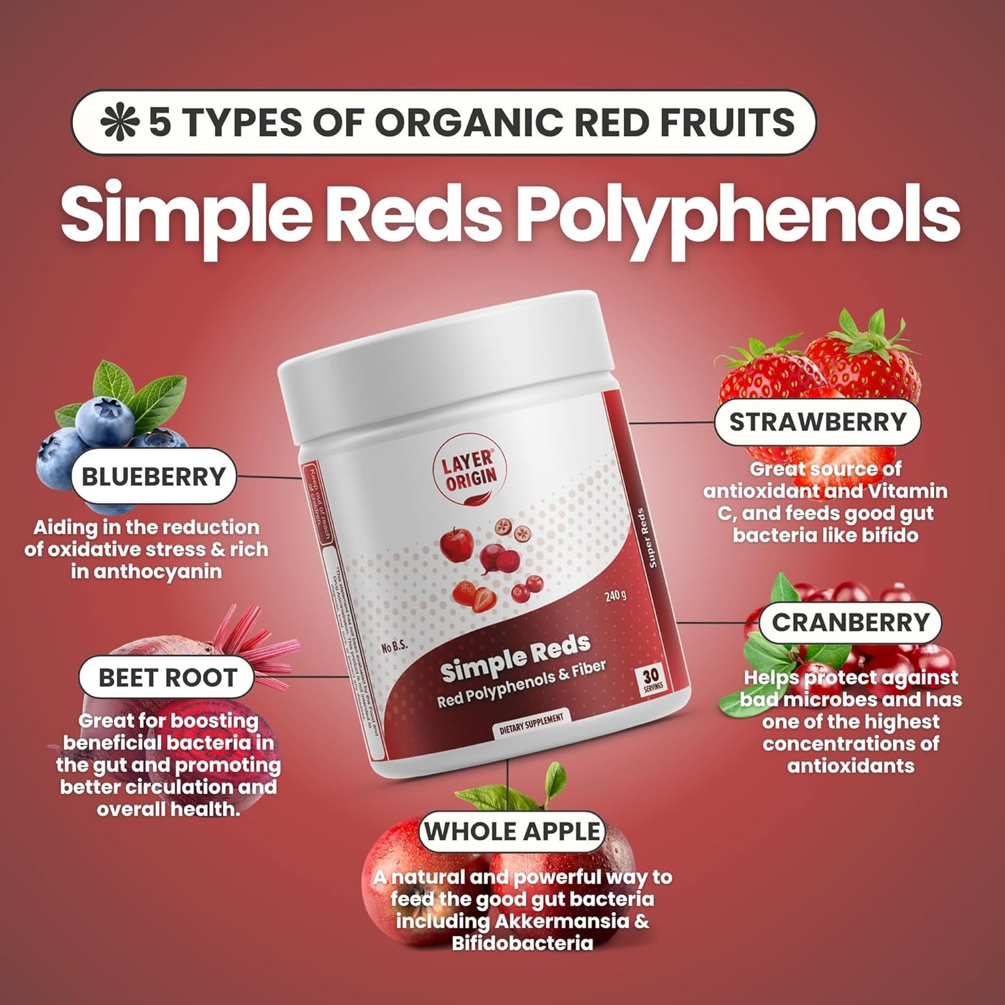 Simple Reds - Organic Red Polyphenols Whole Fruit Powder | Only Real Red Whole Fruits & Zero-fillers | 30 Servings - görsel 5