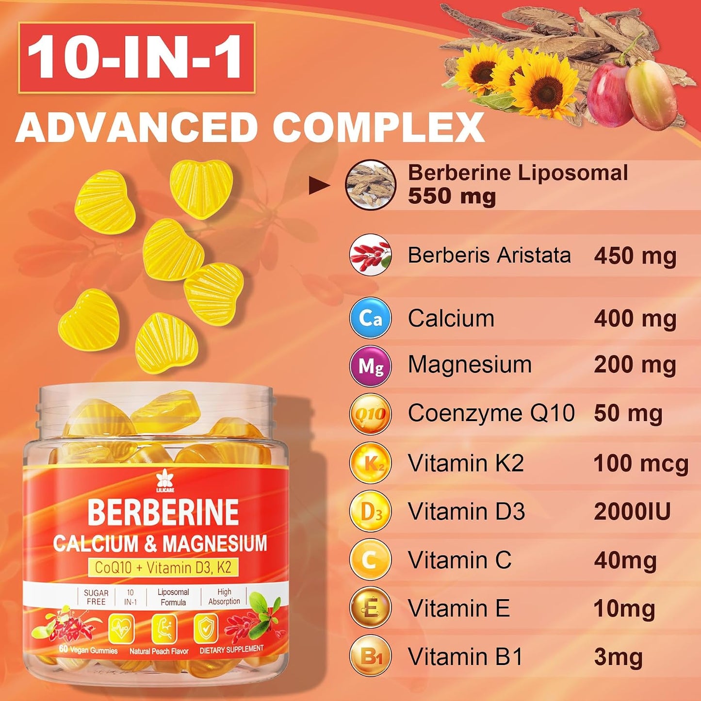 LILICARE Berberine Gummies Sugar Free, Extra Absorption with Liposomal Berberine & Berberine HCI, Calcium, Magnesium, AMPK Activator, Vegan, Pack of 1 - görsel 7