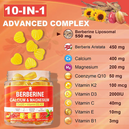 LILICARE Berberine Gummies Sugar Free, Extra Absorption with Liposomal Berberine & Berberine HCI, Calcium, Magnesium, AMPK Activator, Vegan, Pack of 1