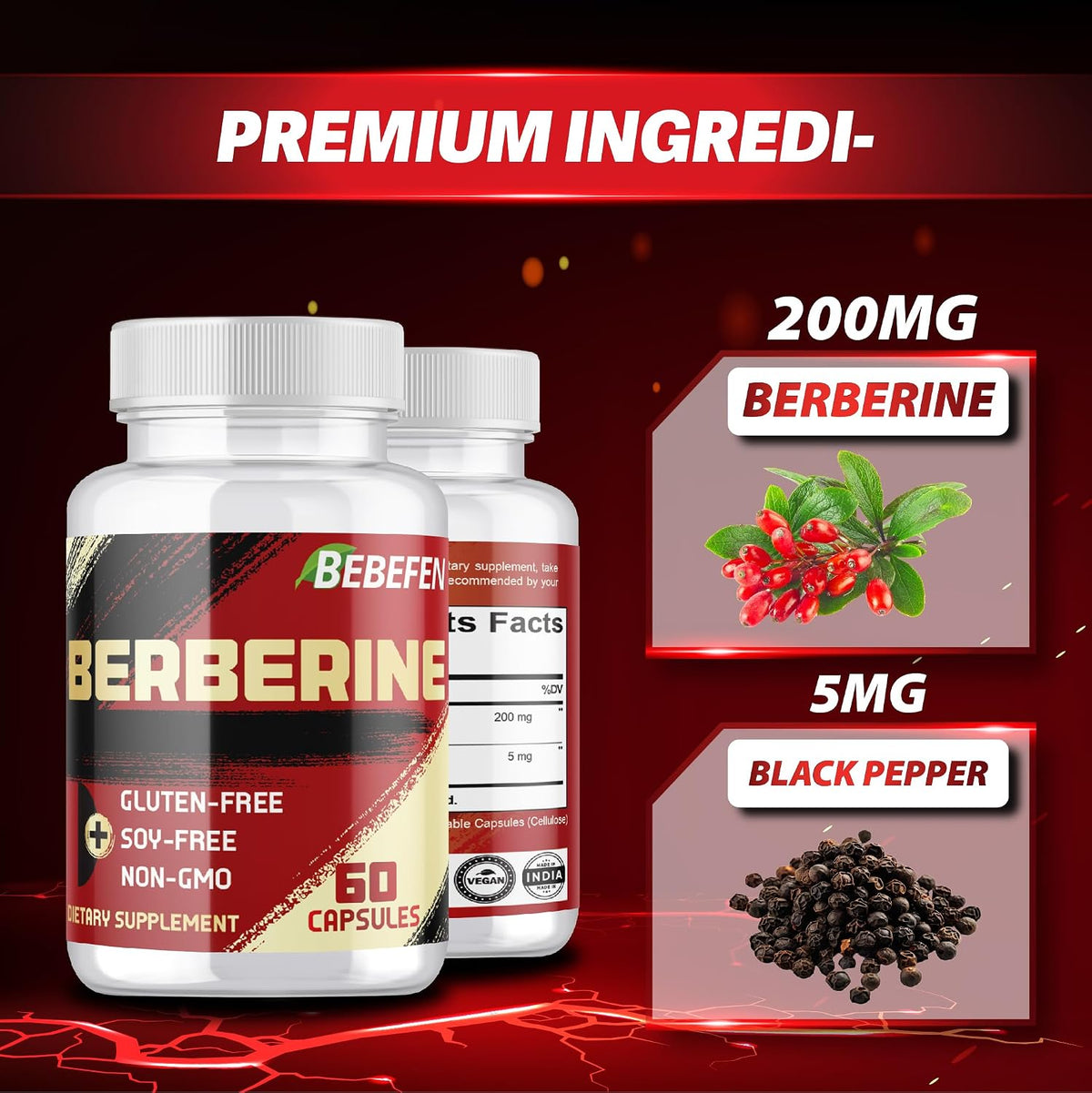 Berberine HCl Supplement - 60 Capsules - Non-GMO, Gluten-free - görsel 5