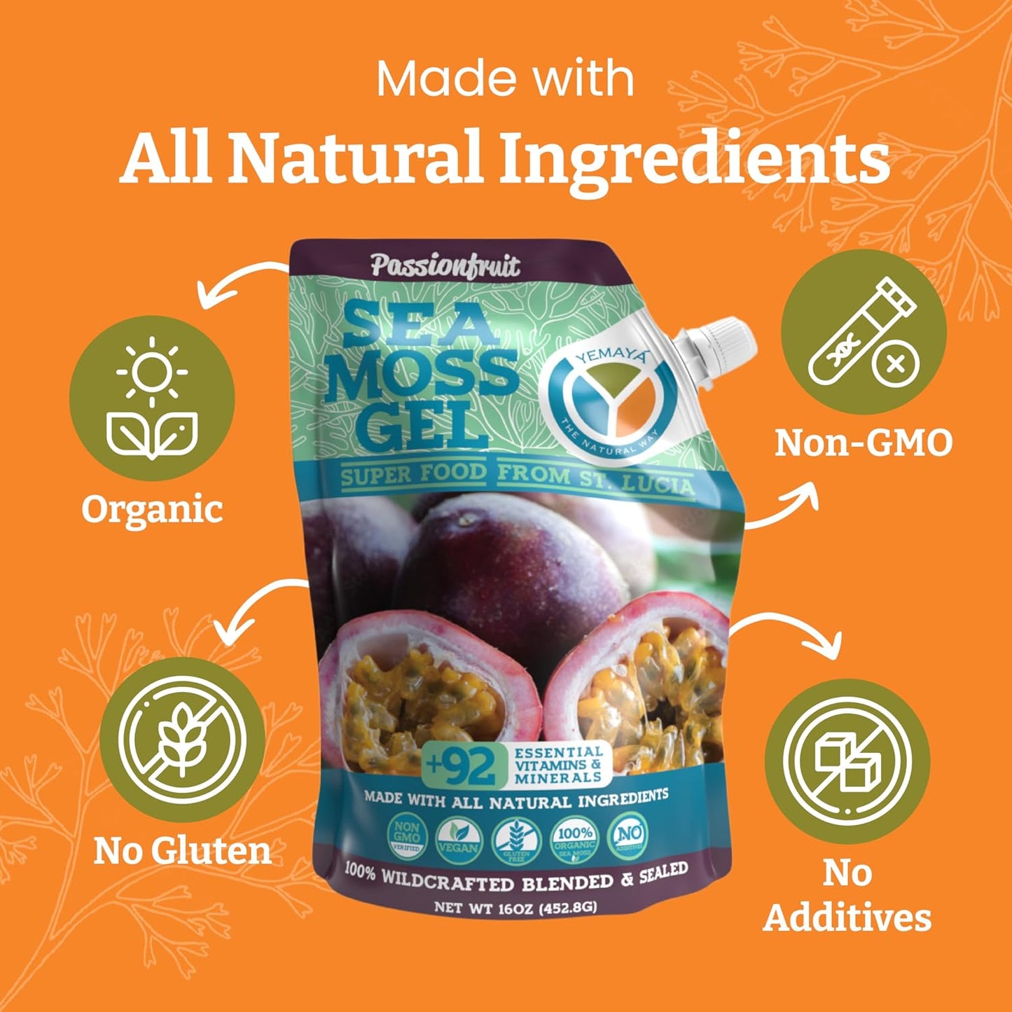 Yemayá Organic Sea Moss Gel - Wildcrafted Raw with Real Fruit, 454g, Passion Fruit - görsel 4