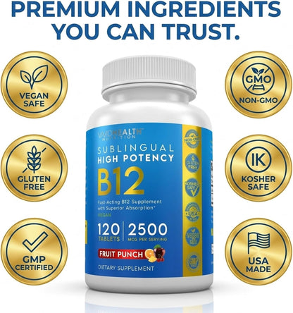 Energy-Boosting Vitamin B12 Sublingual Tablets | Quick Dissolve Vegan B12 with Methylcobalamin, 120 Fruit Punch Tablets