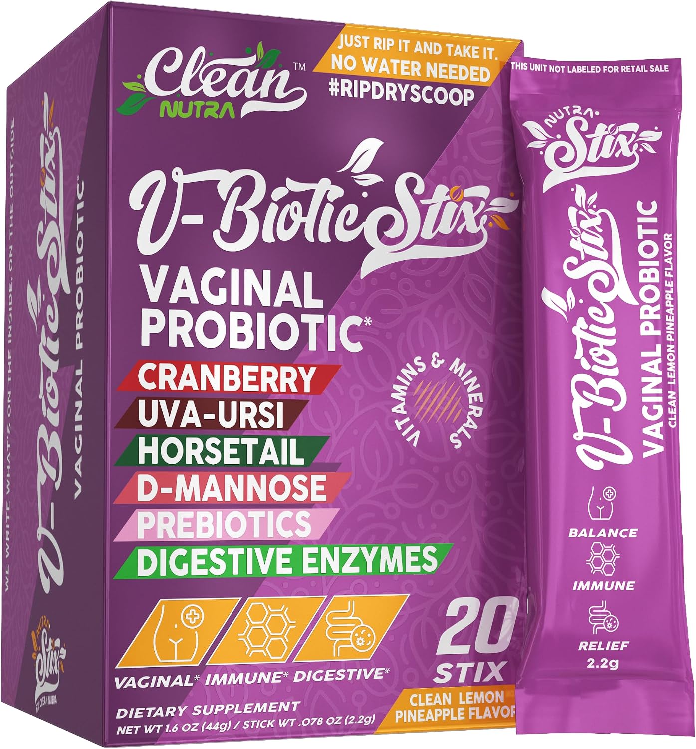 Clean Nutraceuticals Vaginal Probiotics for Women with Cranberry Extract, D-Mannose, Prebiotics – pH Balance Support, 20 Stix - görsel 1