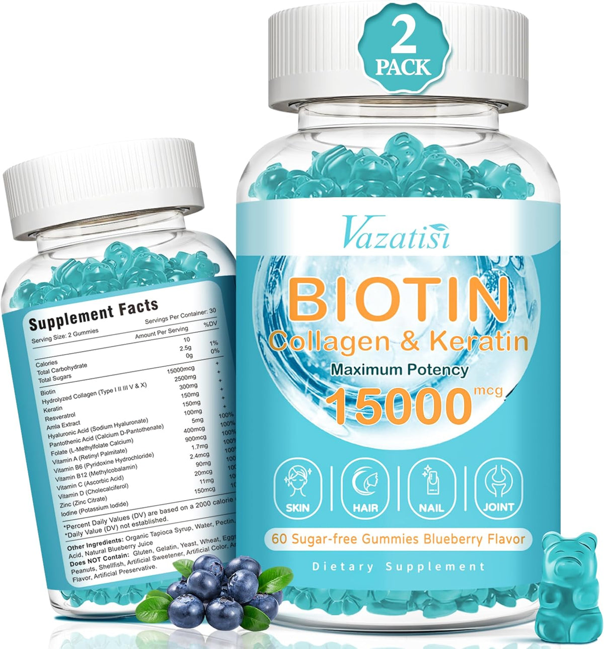 Vazatisi Biotin with Collagen Gummies - Hair, Skin & Nails Supplements - Sugar Free, Blueberry Flavour, 60 Count - görsel 8
