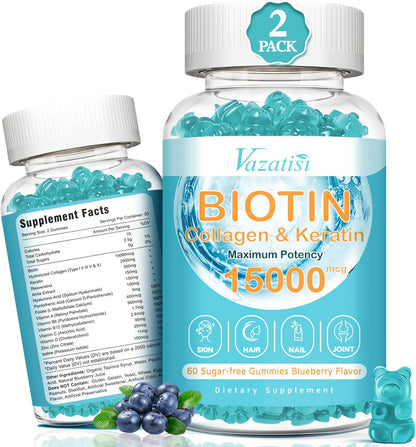 Vazatisi Biotin with Collagen Gummies - Hair, Skin & Nails Supplements - Sugar Free, Blueberry Flavour, 60 Count