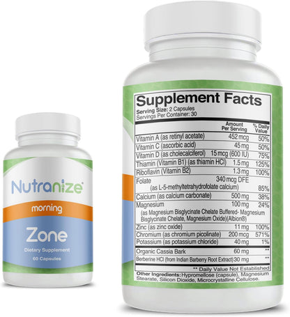 Nutranize Zone Twin-Pack Supplement System - Pharmacist-Designed Morning & Bedtime Capsules with Magnesium Glycinate, Vitamin D3, K2 MK7, Methylfolate, Chromium, Melatonin - 30 Day Supply (120 Capsules)