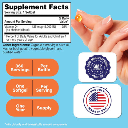 Health Thru Nutrition Vitamin D3 5000iu 360 Mini Softgels for Year Supply | 125mcg Cholecalciferol | Independently Tested | Non-GMO USP Grade in Organic EVOO | Immune Health Support