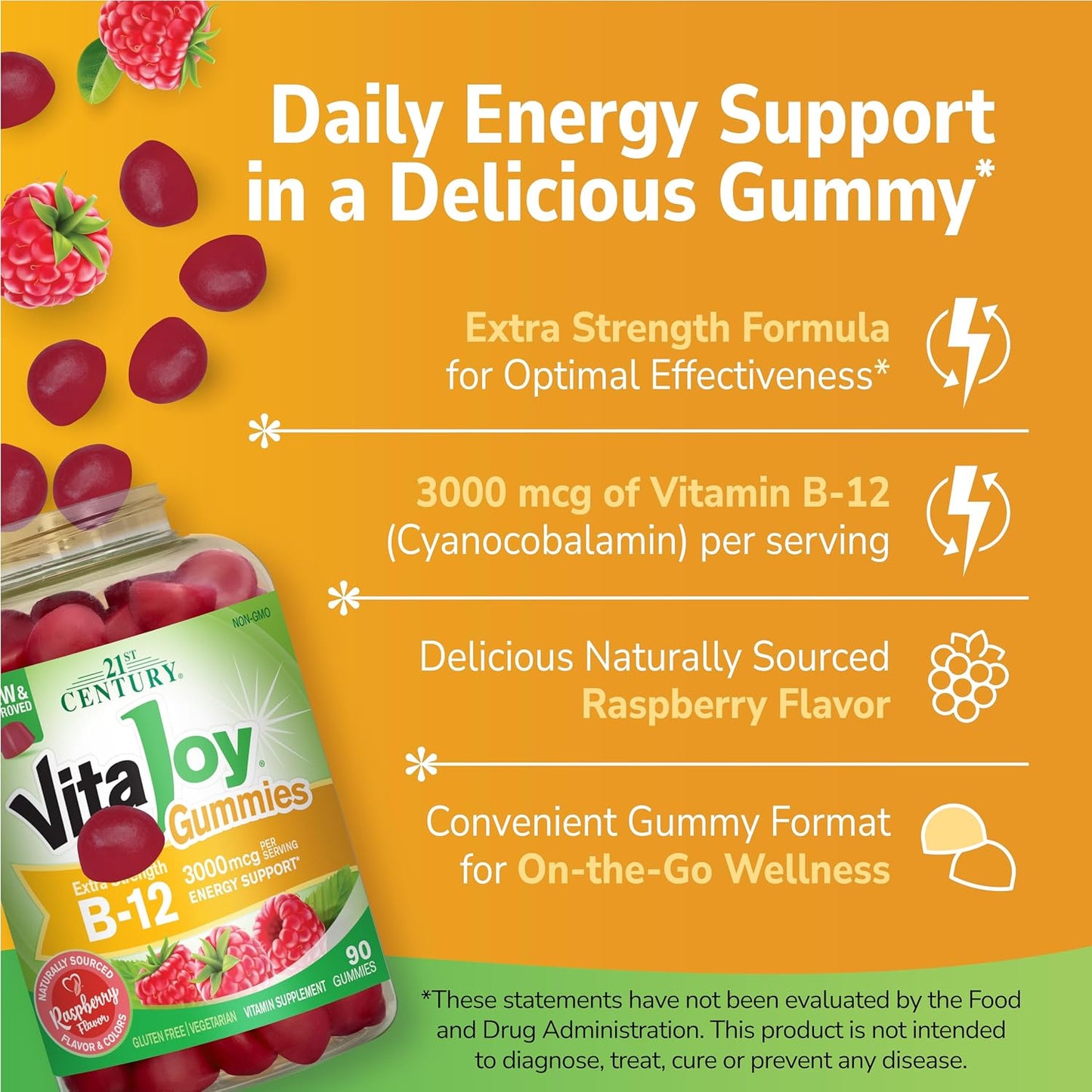 21st Century Extra Strength Vitamin B12 Gummies 3000 mcg - Energy and Nerve Support, Vegan and Gluten-free, Raspberry, 90 Count - görsel 3