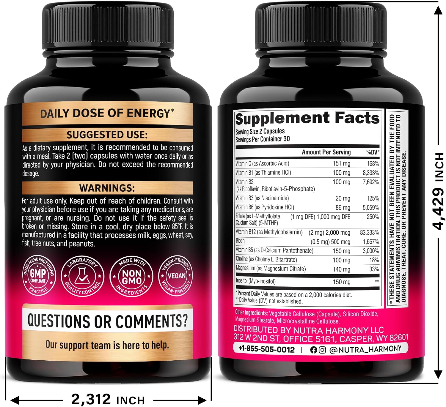 Vitamin B Complex for Men & Women - Manufactured in the USA - 11-in-1 B-Complex: B1, B2, B3, B5, B6, B7, B8, B9, B12 with Vitamin C, Choline, Inositol - Energy, Nervous System & Psychological Support Supplement, 60 Vegan Capsules - görsel 2
