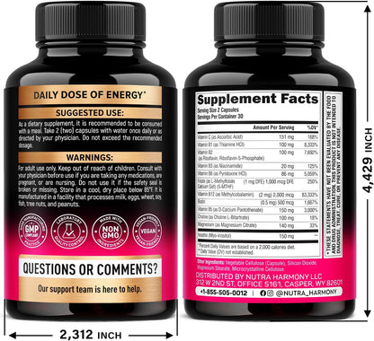 Vitamin B Complex for Men & Women - Manufactured in the USA - 11-in-1 B-Complex: B1, B2, B3, B5, B6, B7, B8, B9, B12 with Vitamin C, Choline, Inositol - Energy, Nervous System & Psychological Support Supplement, 60 Vegan Capsules