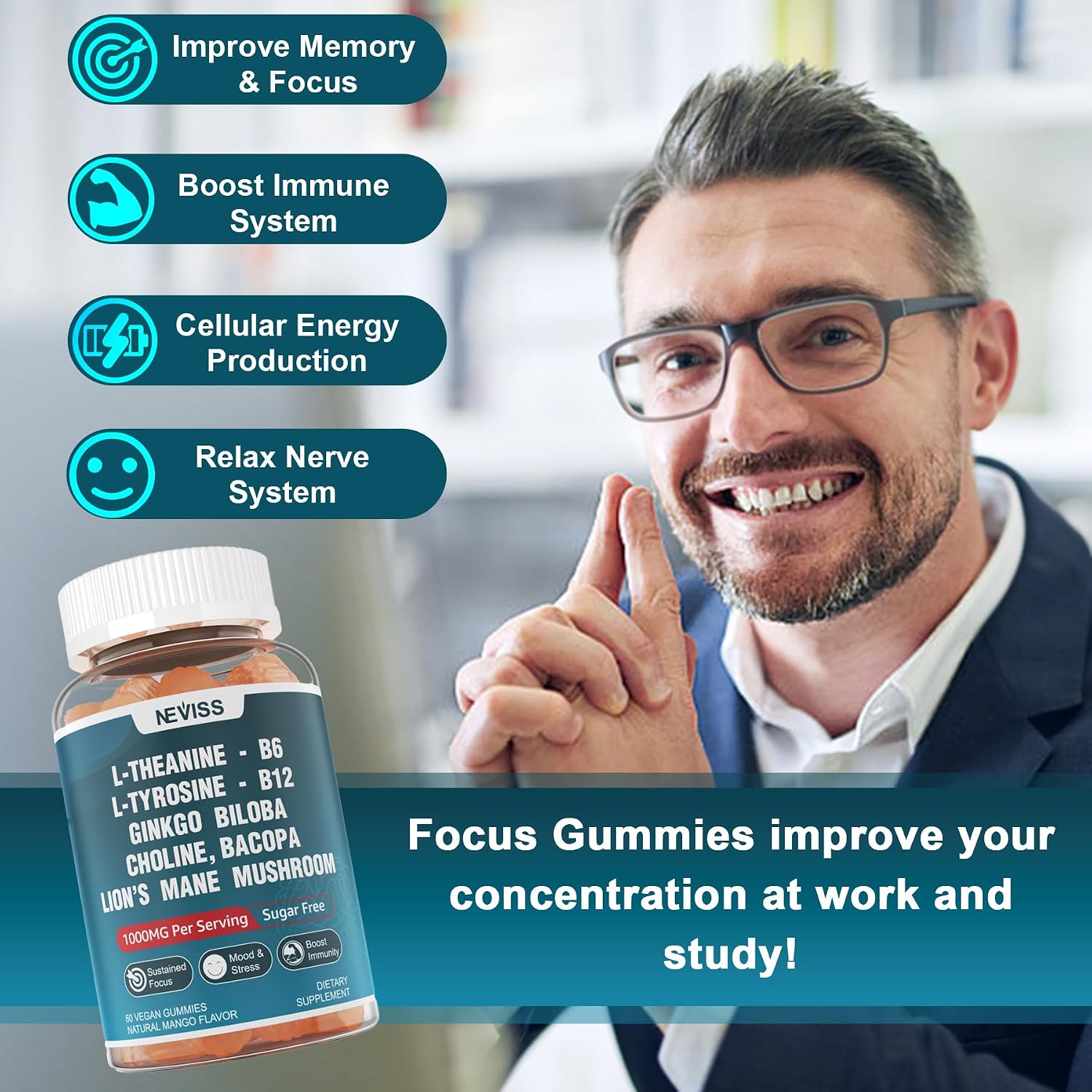 NEVISS Sugar-Free L-Tyrosine Gummies - L-Theanine, B6, B12 & Brain Herbs for Focus - görsel 4