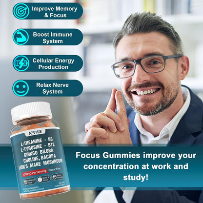 NEVISS Sugar-Free L-Tyrosine Gummies - L-Theanine, B6, B12 & Brain Herbs for Focus