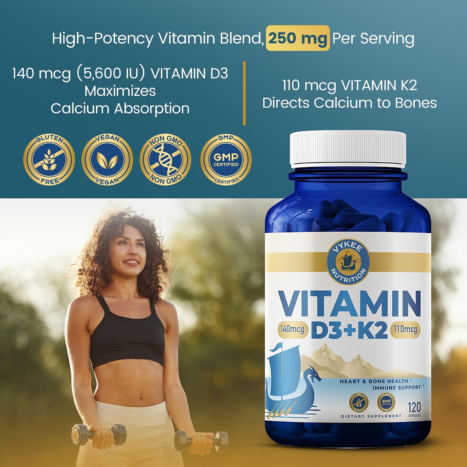 Vykee Nutrition Vitamin D3 K2 Complex – D3 140 µg & K2 (MK-7) 110 µg – 120 Vegan Capsules - görsel 4