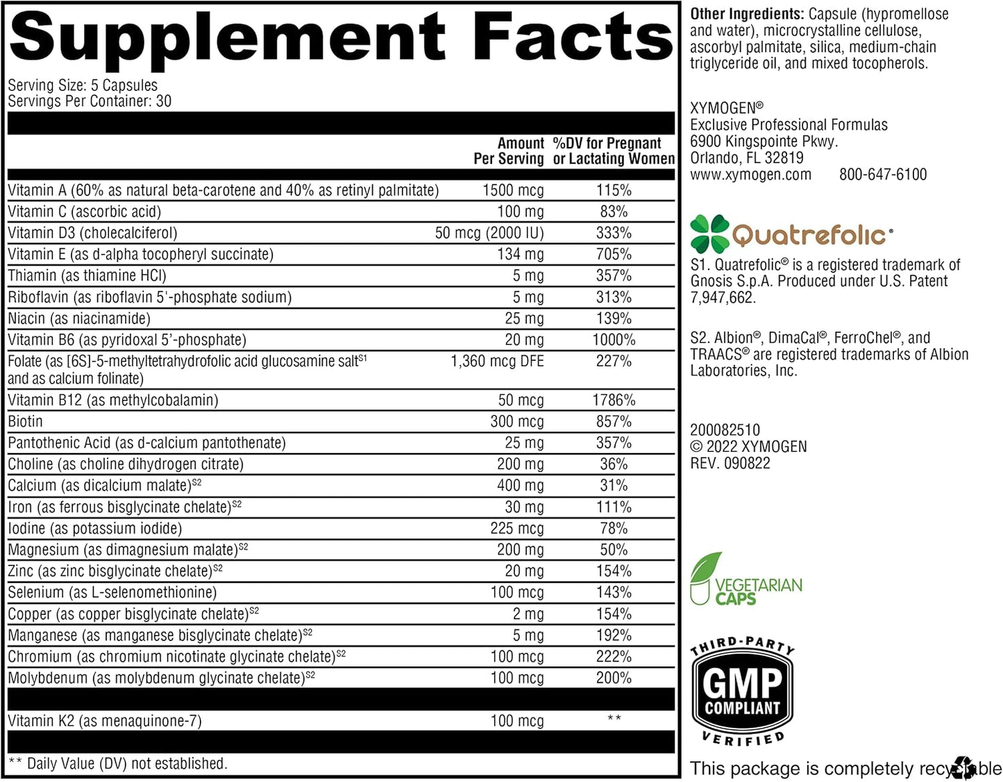 XYMOGEN Prenatal Essentials - Prenatal Multivitamin & Mineral Support - 5-MTHF & Essential Nutrients - Gentle on Stomach - Vegetarian - 150 Capsules - görsel 2