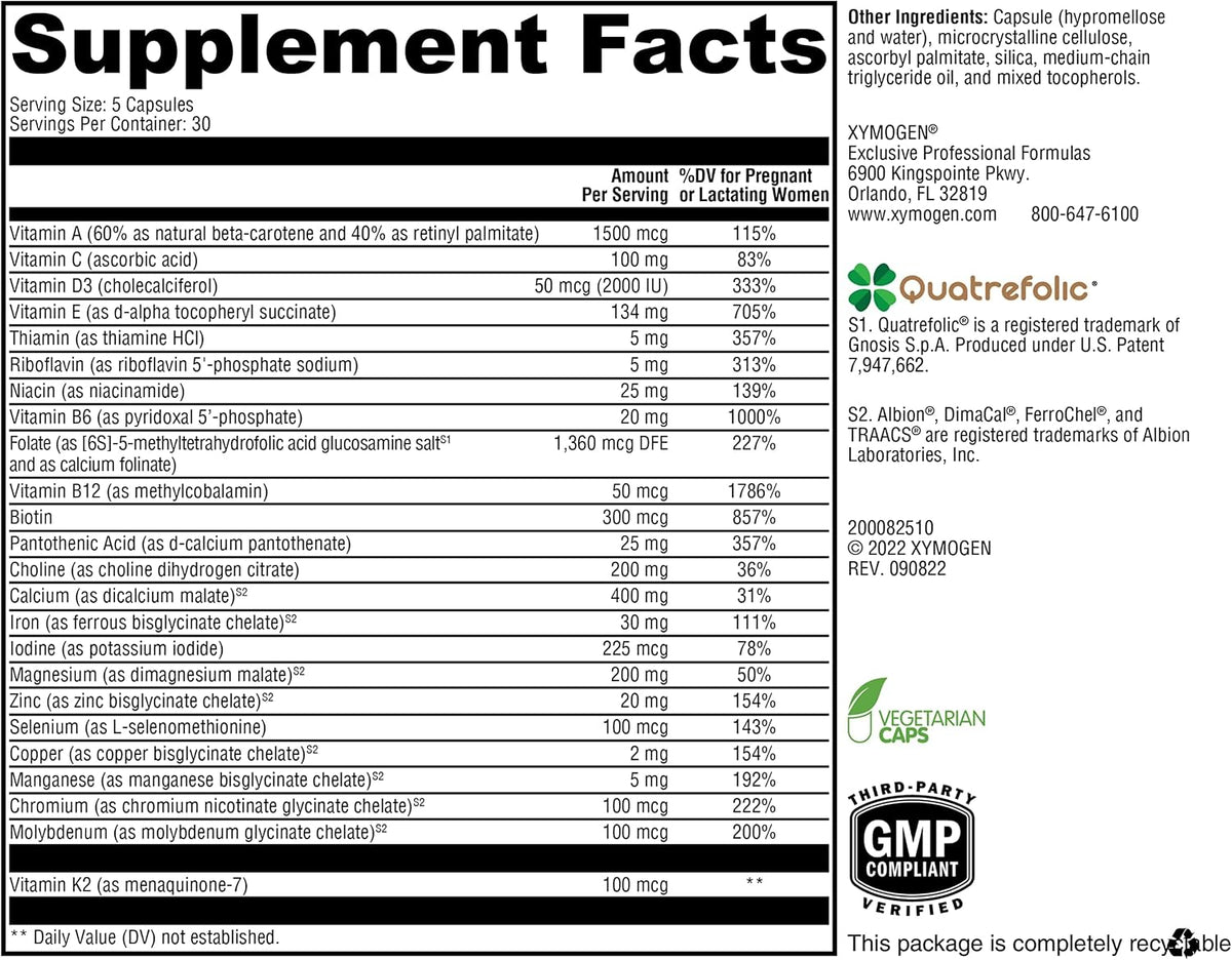 XYMOGEN Prenatal Essentials - Prenatal Multivitamin & Mineral Support - 5-MTHF & Essential Nutrients - Gentle on Stomach - Vegetarian - 150 Capsules - görsel 2