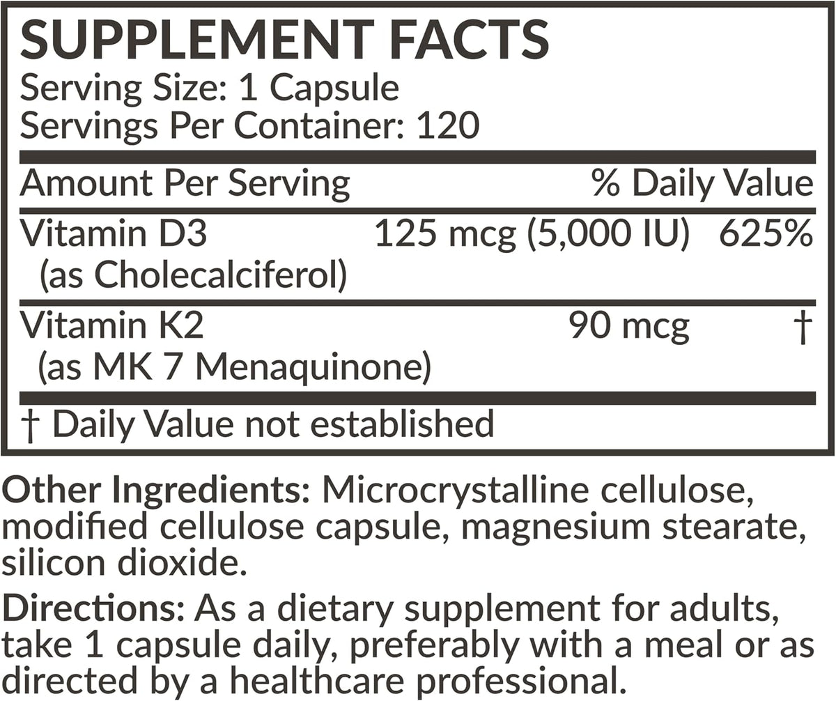 Futurebiotics Vitamin K2 (MK7) with D3 Supplement – 5000 IU D3 & 90 mcg K2 MK-7, 120 Vegetarian Capsules - görsel 8