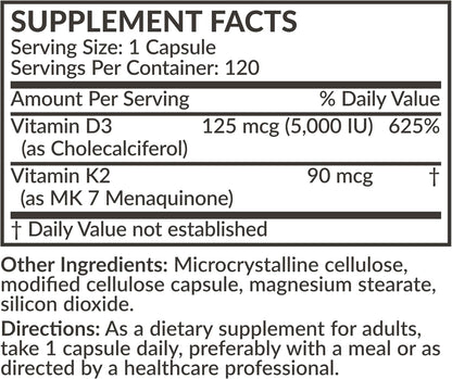 Futurebiotics Vitamin K2 (MK7) with D3 Supplement – 5000 IU D3 & 90 mcg K2 MK-7, 120 Vegetarian Capsules