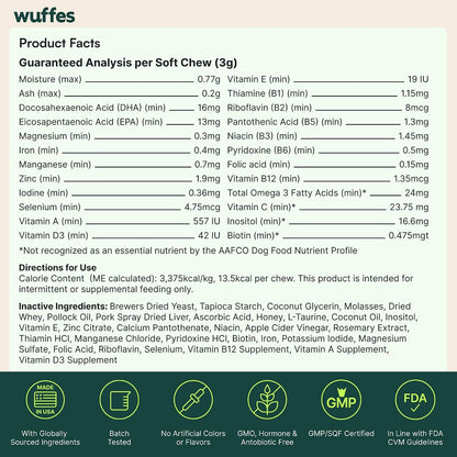 Wuffes 23-in-1 Dog Multivitamin Soft Chews - Skin and Coat, Immune + Gut Health Support with Omega-3, Iron & Zinc for Puppies & Senior Dogs, 60 Count