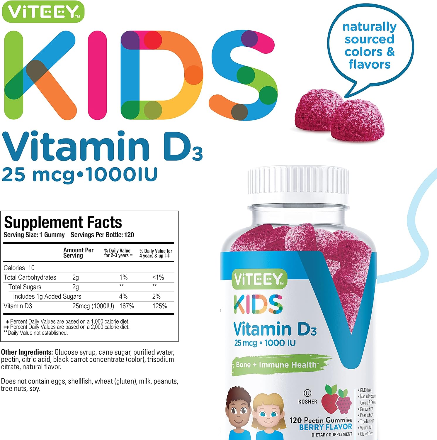 Viteey Vitamin D3 Kids Gummies 25mcg (1000 IU) - Tasty Chewable Berry Flavour | Bone Health, Immune Health, Joint & Muscle Support - Vegetarian, Gelatine Free, Gluten-free, GMO Free - 120 Count - görsel 4