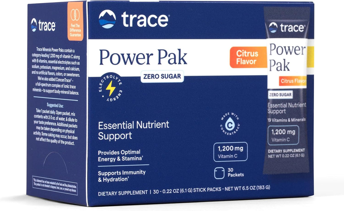 Trace Minerals Power Pak Multivitamin and Multimineral Packets - 1200 mg Vitamin C, 70+ Trace Minerals, Electrolyte Support - Sugar Free - Citrus Flavour - 30 Packets - görsel 1