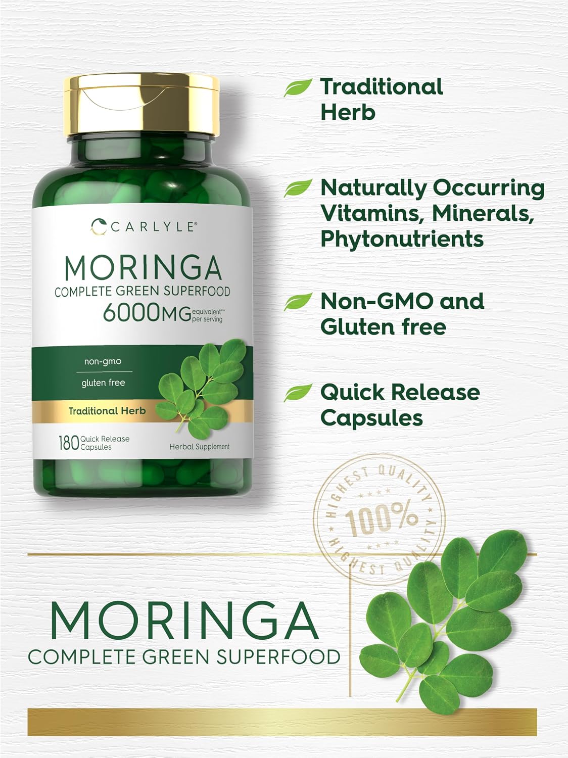 Carlyle Moringa Oleifera Supplement – 180 Capsules, Green Superfood for Women and Men - görsel 4