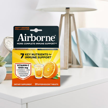 Airborne 1000mg Vitamin C with Zinc Effervescent Tablets, Food Supplement with Vitamins A, C, E & Zinc for Normal Immune Function - 20 Fizzy Drink Tablets, Tangy Orange Flavour
