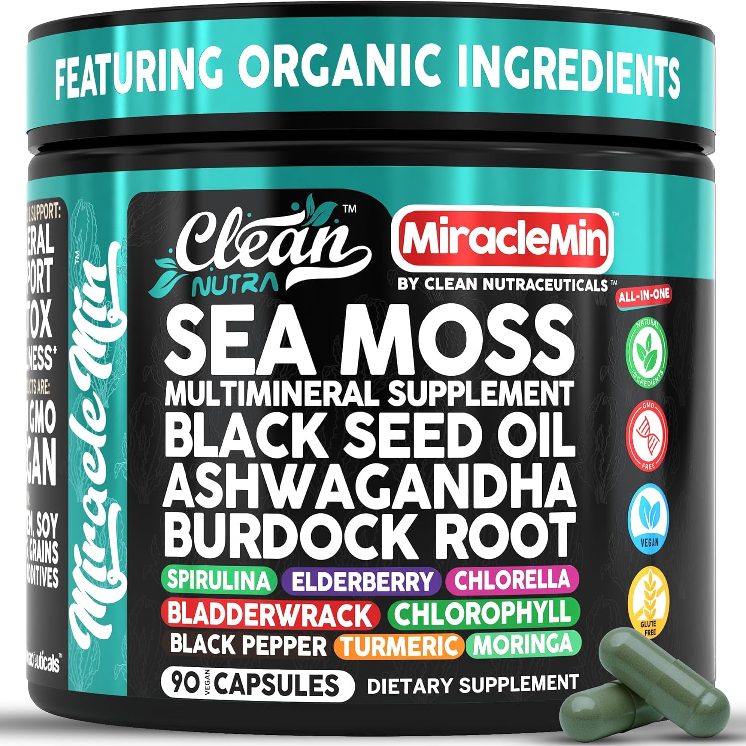 Clean Nutra Organic Sea Moss Capsules with Ashwagandha, Black Seed Oil, and Superfoods Blend – 90 Vegan Capsules - görsel 1