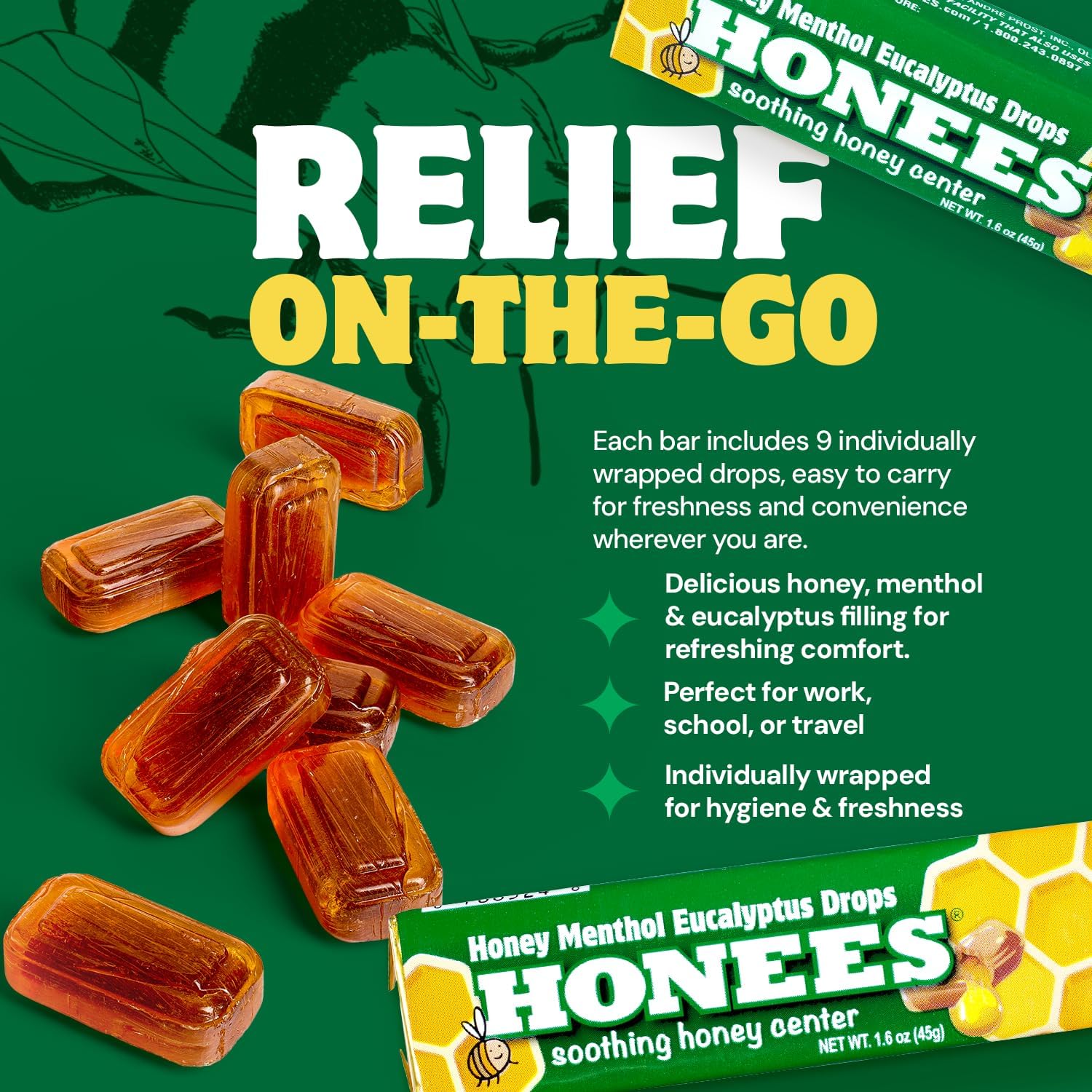 Honees Filled Menthol Cough Drops - Honey, Menthol & Eucalyptus - Natural Sore Throat Relief (6 Pack, 54 Drops) - görsel 3