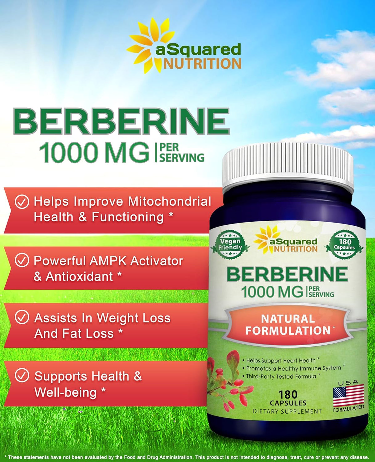 aSquared Nutrition Pure Berberine 1000 mg – 180 Vegetable Capsules - görsel 2