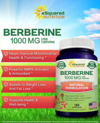 aSquared Nutrition Pure Berberine 1000 mg – 180 Vegetable Capsules