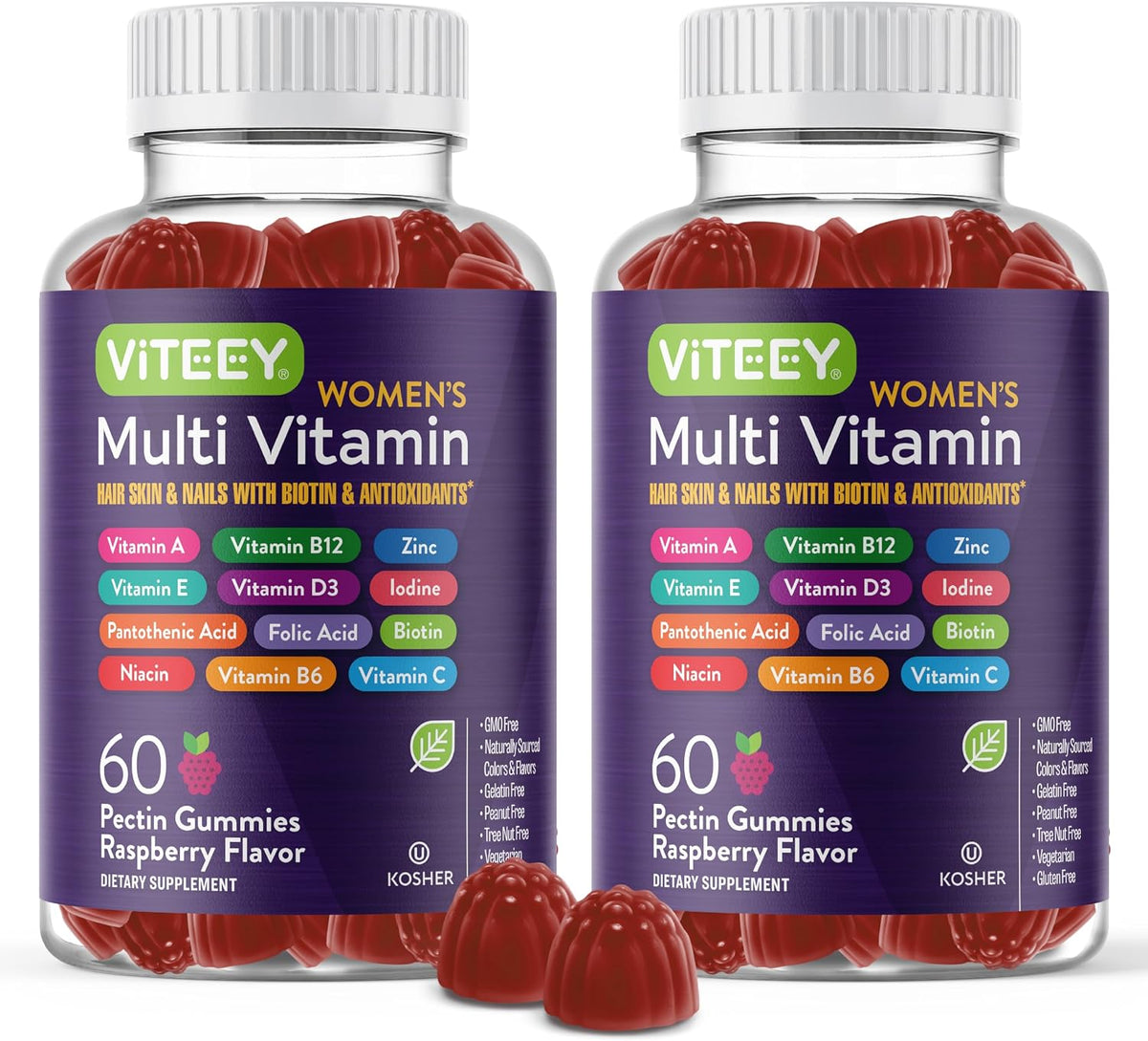Viteey Women's Multivitamin Gummies - Raspberry Flavoured - 12 in 1 Essential Vitamins & Minerals, Vegetarian, Kosher - görsel 7