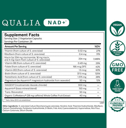Qualia NAD+ Supplement – Nicotinamide Riboside, Niacin and Niacinamide (3-Month Supply)