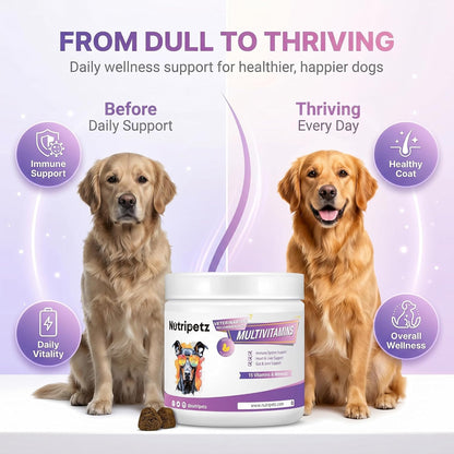 Nutripetz 15 Vitamins & Minerals Pet Supplement - 120 Soft Chews, Duck Flavour - All-in-One with Glucosamine & Probiotics for Dogs & Cats