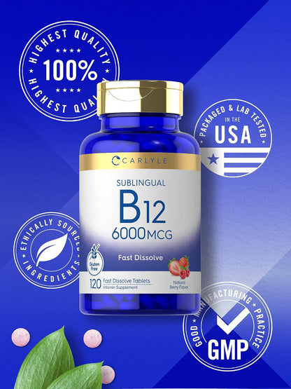 Carlyle Vitamin B12 6000mcg Sublingual Tablets - Natural Berry Flavour - 120 Count