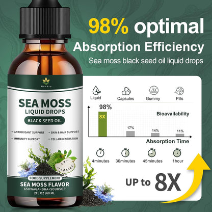Irish Sea Moss Drops - Organic Sea Moss Liquid with Black Seed Oil, Ashwagandha & Burdock Root | Multimineral Supplement | Non-GMO, 59ml