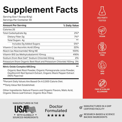 Snap Supplements Organic Beetroot Powder Nitric Oxide Supplement with Pomegranate & Red Spinach, Mixed Berry, 30 Servings