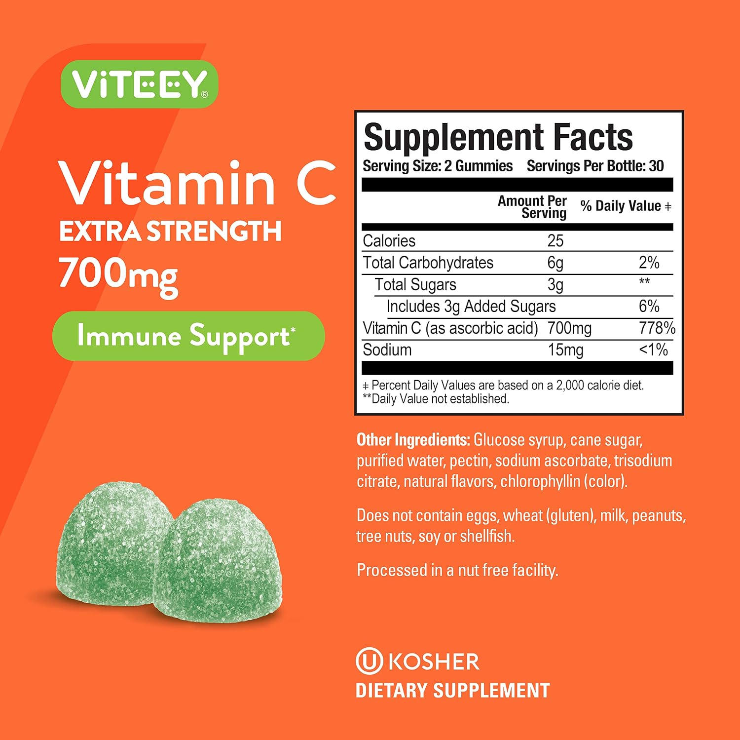 Viteey Vitamin C Gummies for Adults - 700mg - Vegan and Gluten-free - 120 Chewables - görsel 3