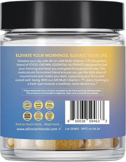 All In Nutritionals AM Multivitamin +: Vegan, Food-Based Multivitamin with Vitamin D3, K2, B12, Iron and Ionic Fulvic Acid