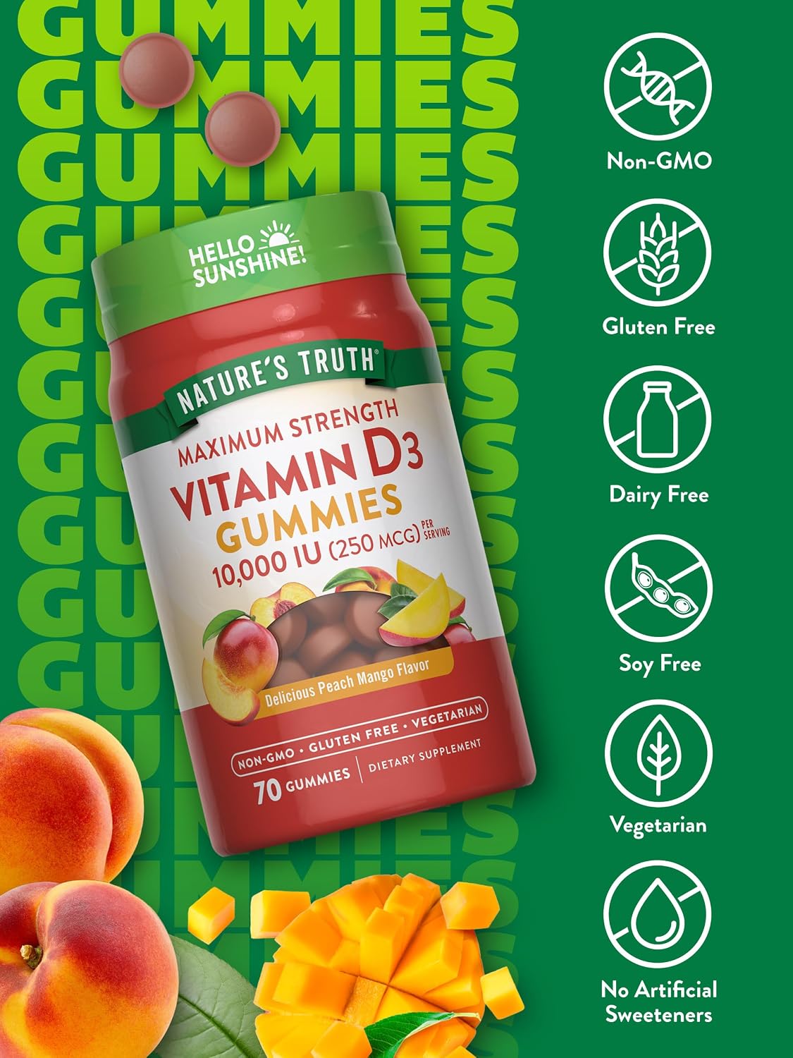 Nature's Truth Vitamin D3 Gummies - 10000 IU, Peach Mango, 70 Gummies - Vegetarian, Non-GM & Gluten-Free - görsel 3